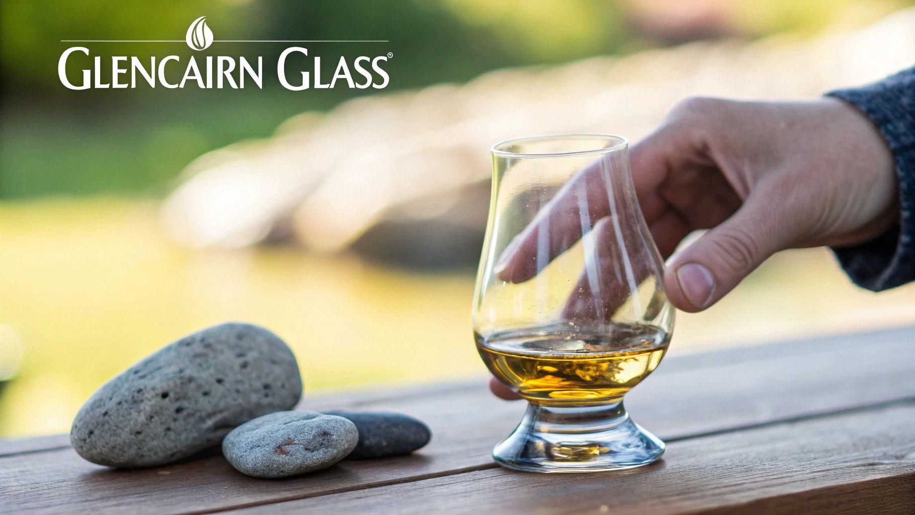 A hand holds a Glencairn glass of whiskey on a wooden table with smooth stones.