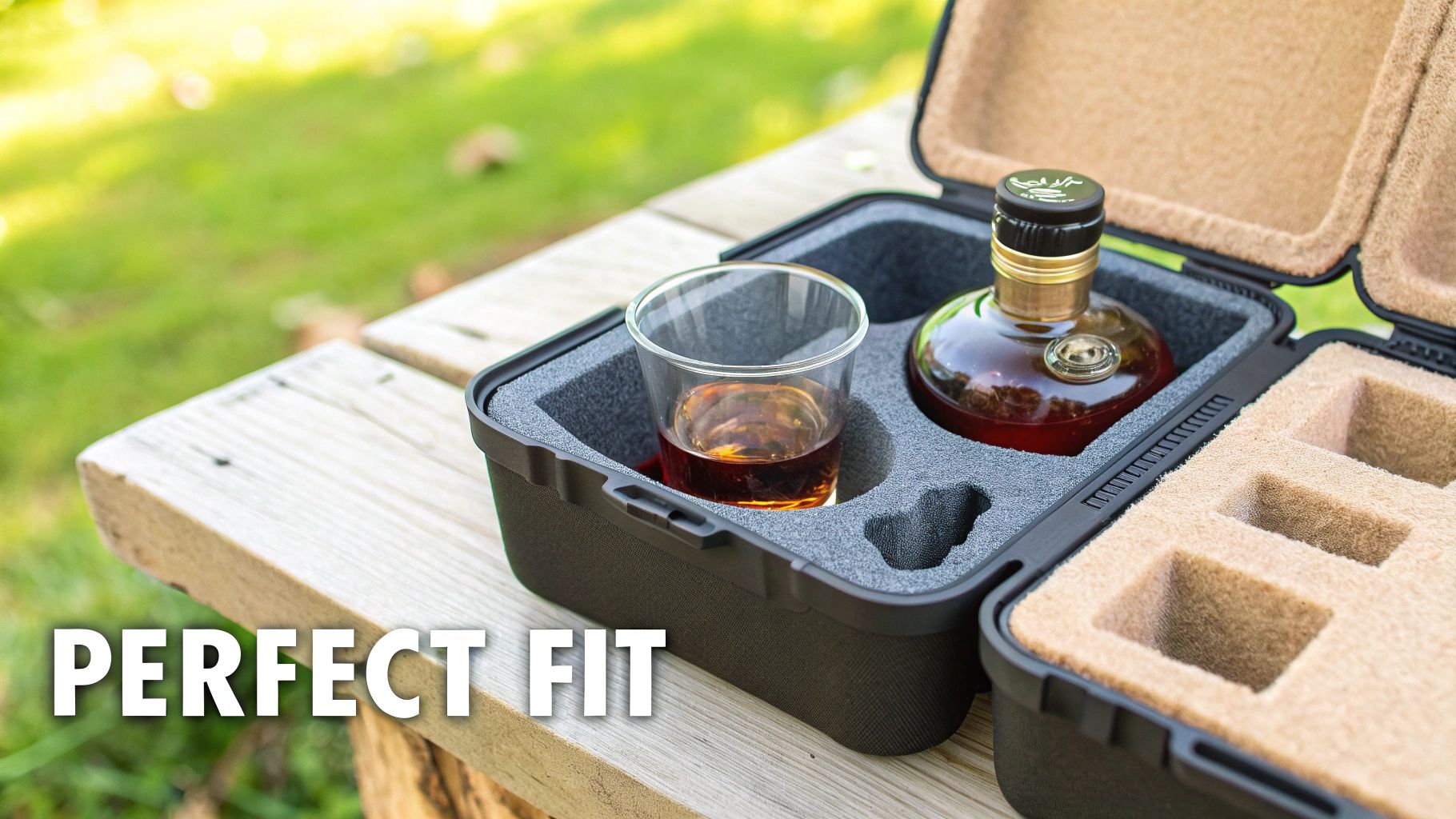 Whiskey bottle and glass nestled in a custom-fit travel case on a wooden outdoor table.