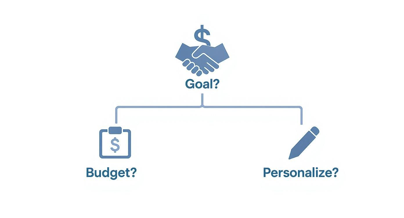 Business decision flowchart showing goal setting, budget planning, and personalization options with handshake icon