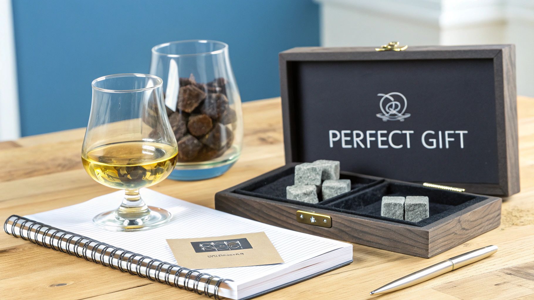 A comprehensive whisky tasting kit with a glass of amber liquid, chilling stones, and a notebook.