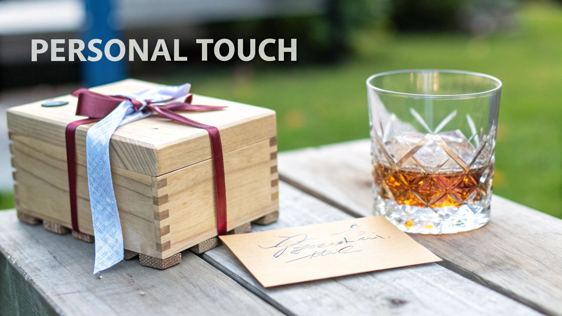 A wooden gift box with a ribbon, a glass of whiskey, and a handwritten note on a wooden table, emphasizing a personal touch.