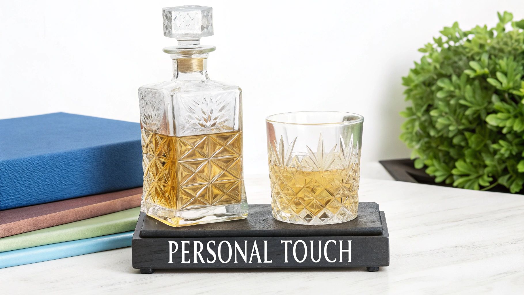A personalized whiskey glass with intricate engraving.