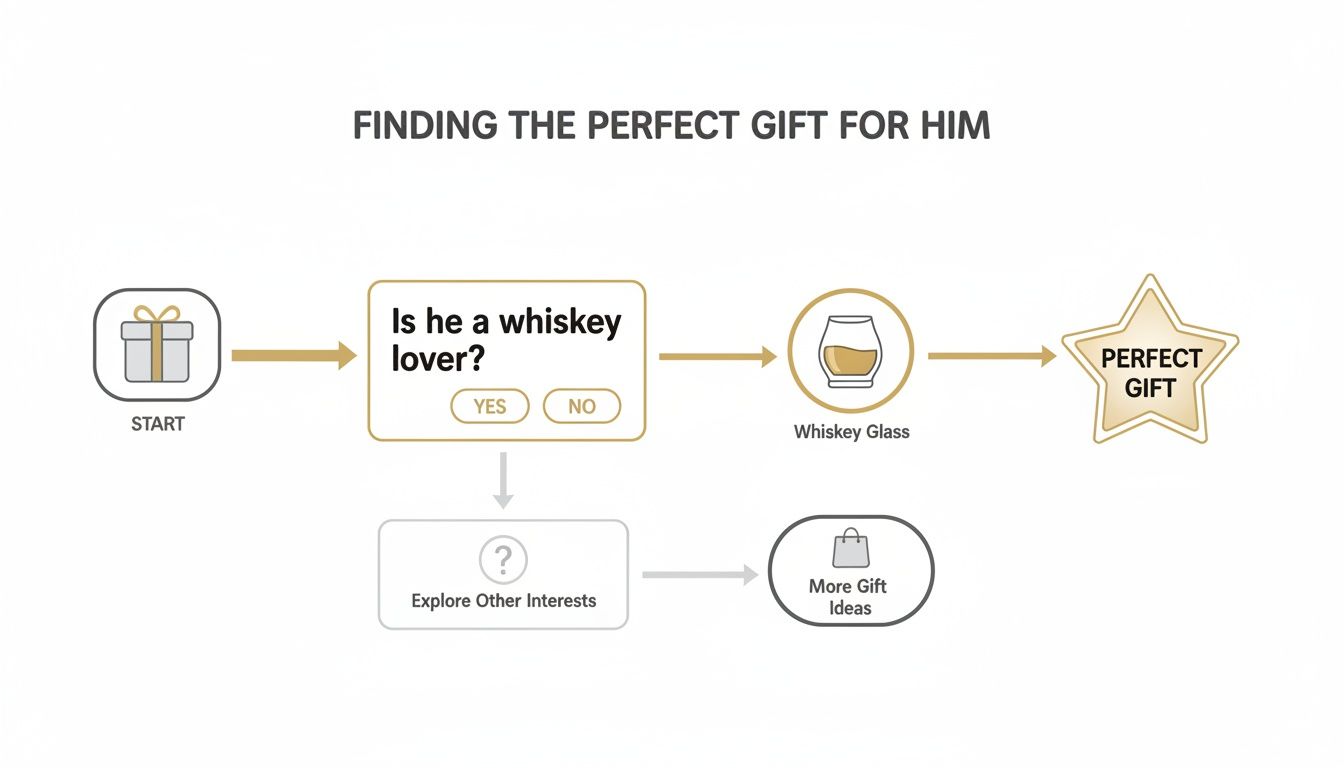 A flowchart titled 'Finding the Perfect Gift For Him' guiding gift choices based on whiskey preference.