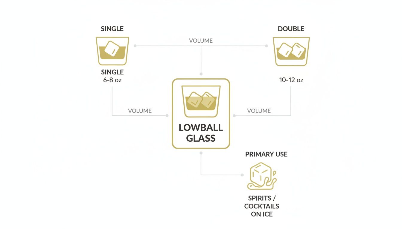 Infographic defining lowball glass volumes for single (6-8 oz) and double (10-12 oz) drinks, primarily for spirits and cocktails.