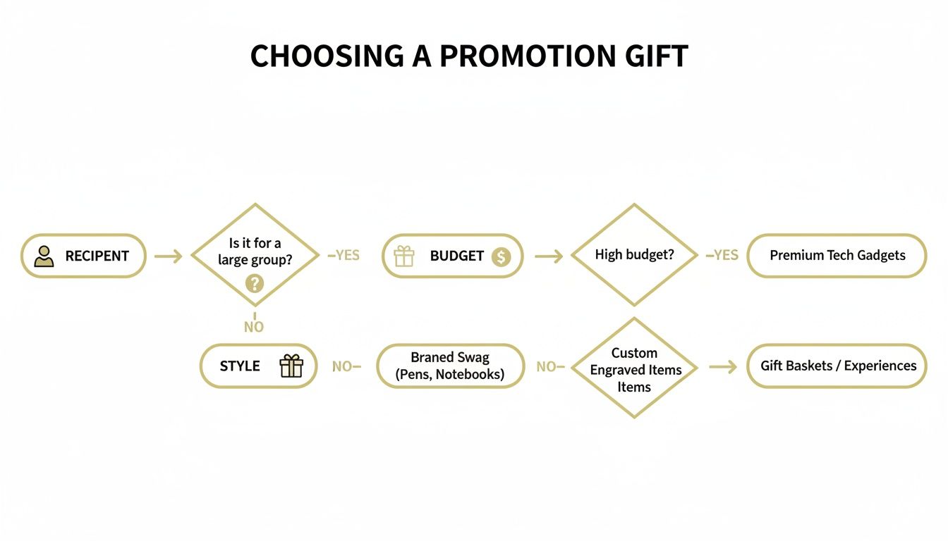 A flowchart outlines steps for choosing a promotion gift based on recipient, group size, budget, and style.
