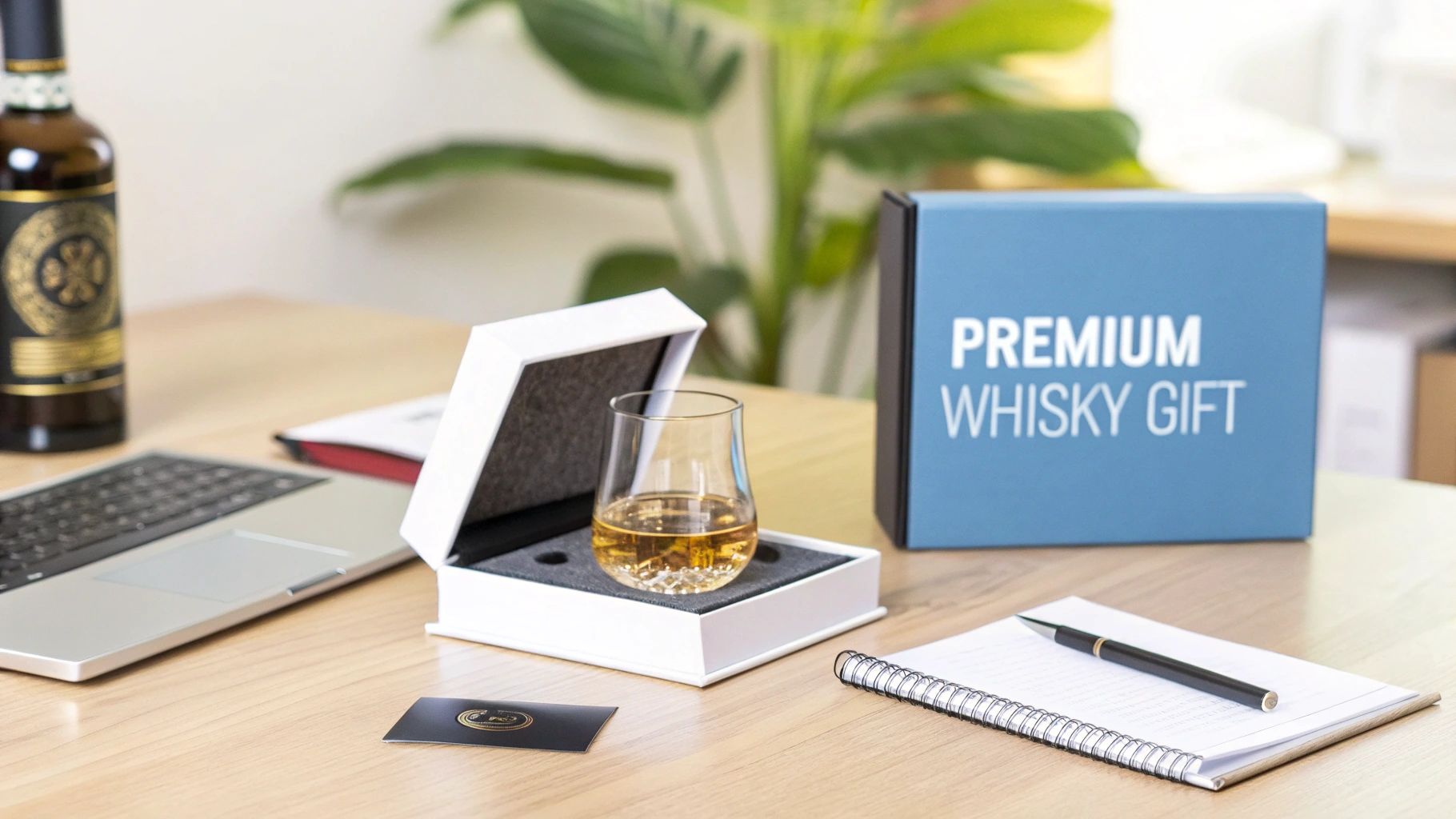 A premium whisky gift set with a glass on a wooden desk alongside a bottle and laptop.