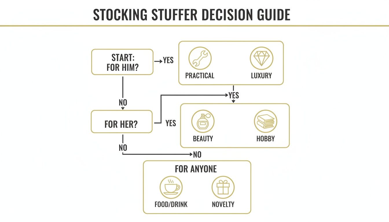 A flowchart decision guide for stocking stuffers, categorizing gift ideas for him, her, and anyone.