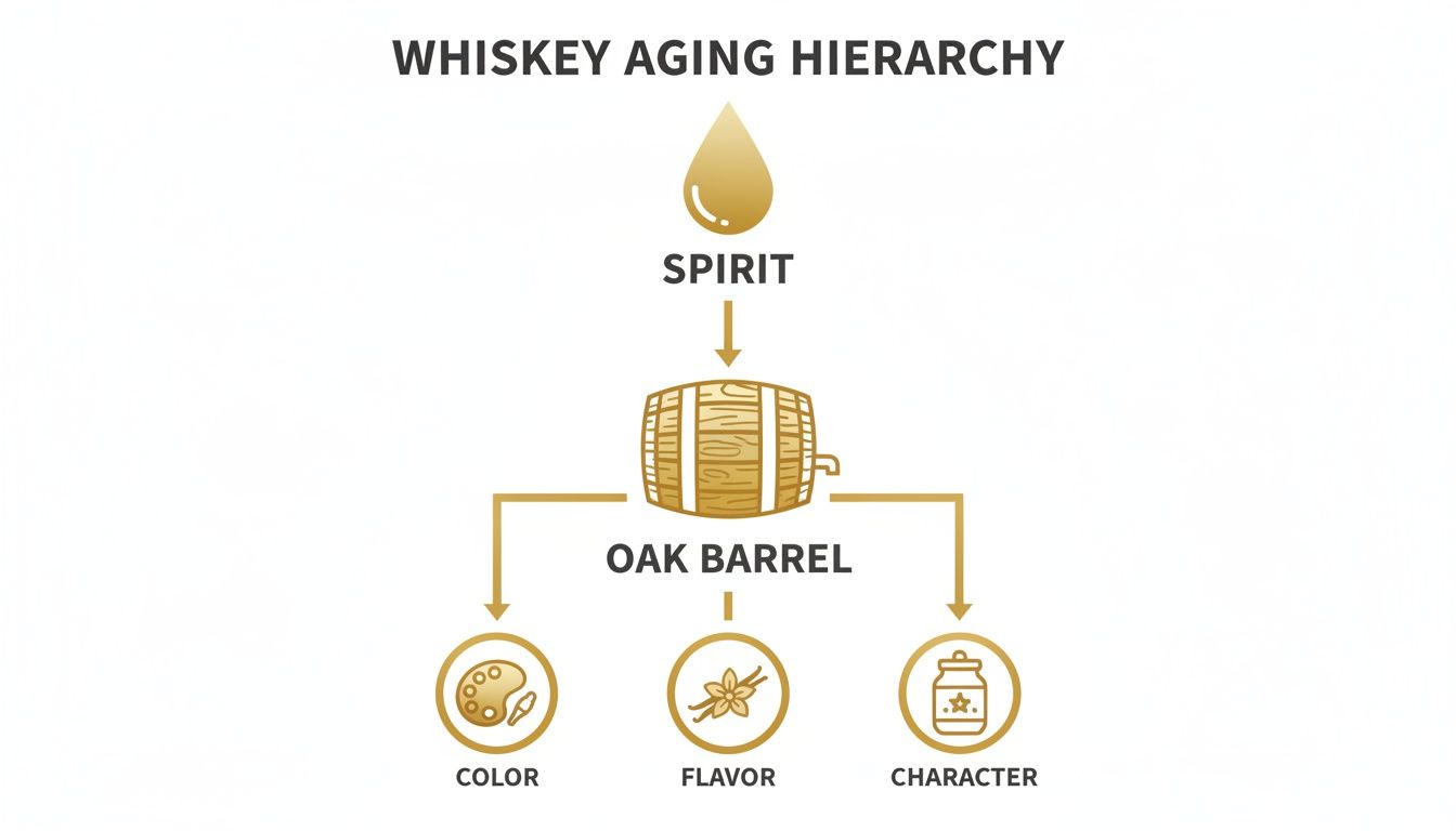 Diagram showing how spirit goes into an oak barrel, influencing whiskey's color, flavor, and character.