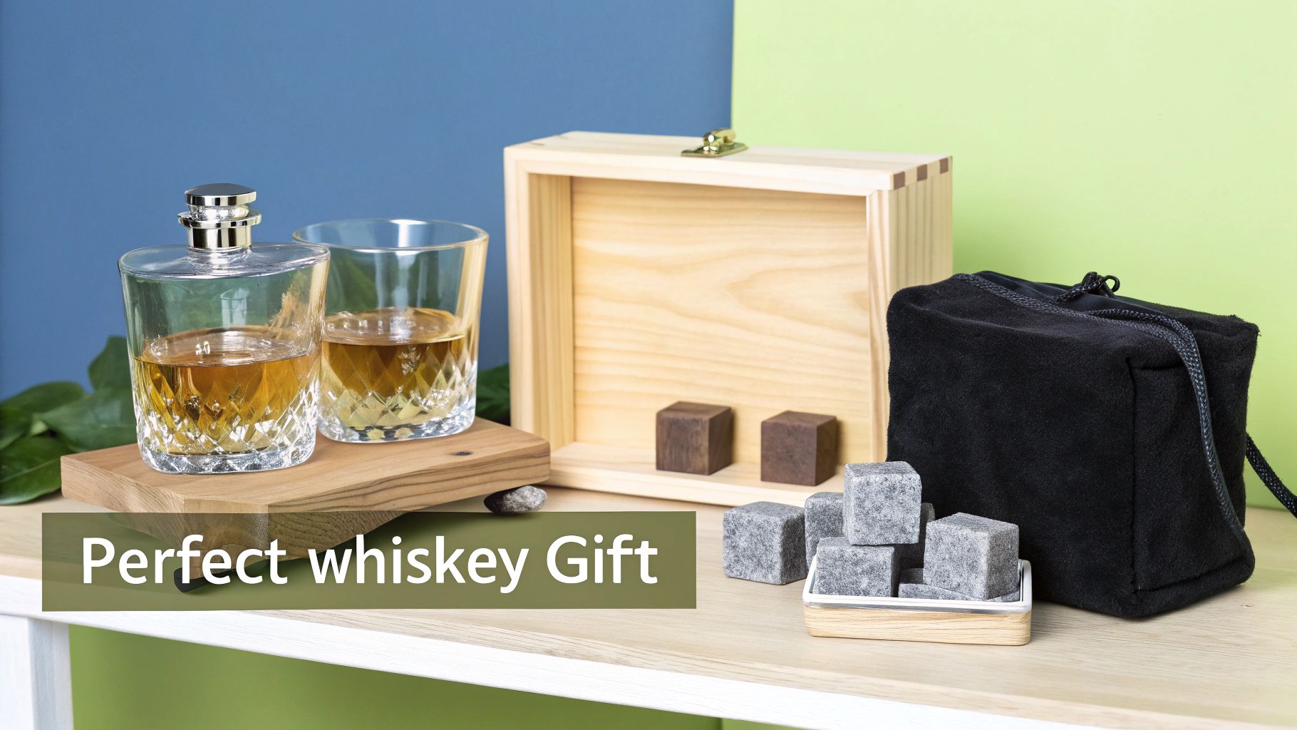 A comprehensive whiskey gift set featuring a decanter, glass, chilling stones, and wooden box.