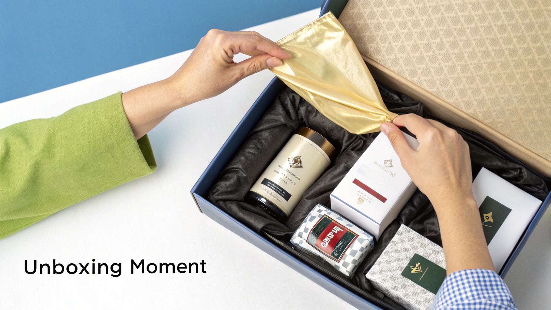 A person unboxing a beautifully packaged promotional gift, creating a memorable experience.