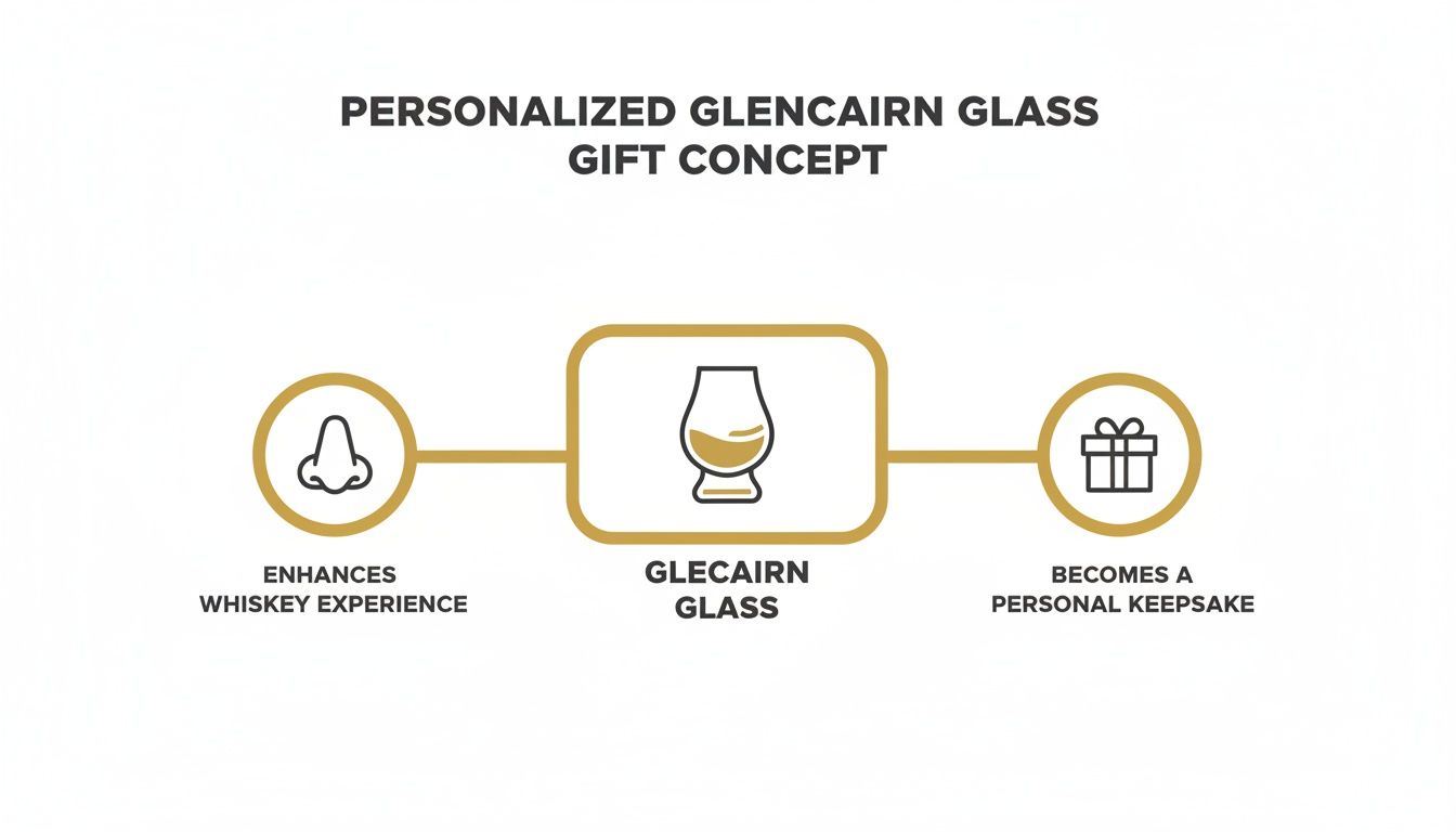 A diagram illustrating the personalized Glencairn glass gift concept: enhances whiskey experience and becomes a personal keepsake.