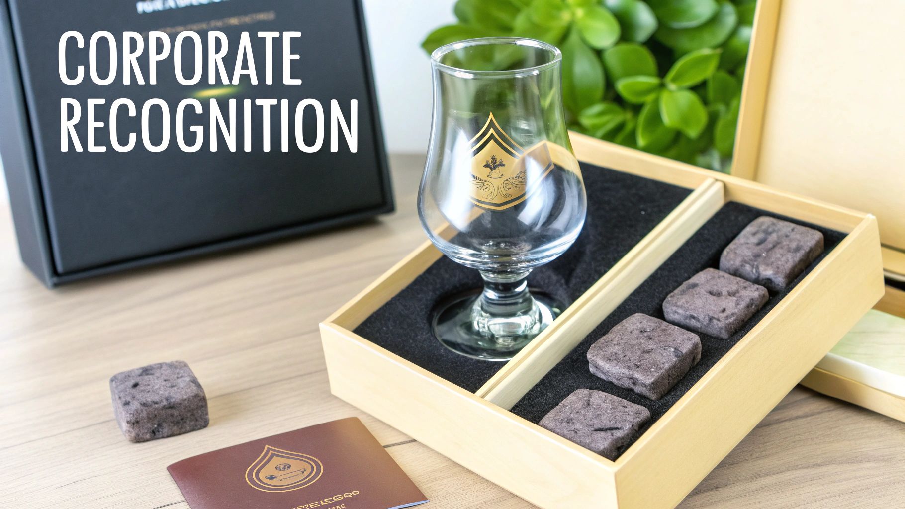 A corporate recognition gift set featuring a personalized glencairn glass and whisky stones in a wooden box.
