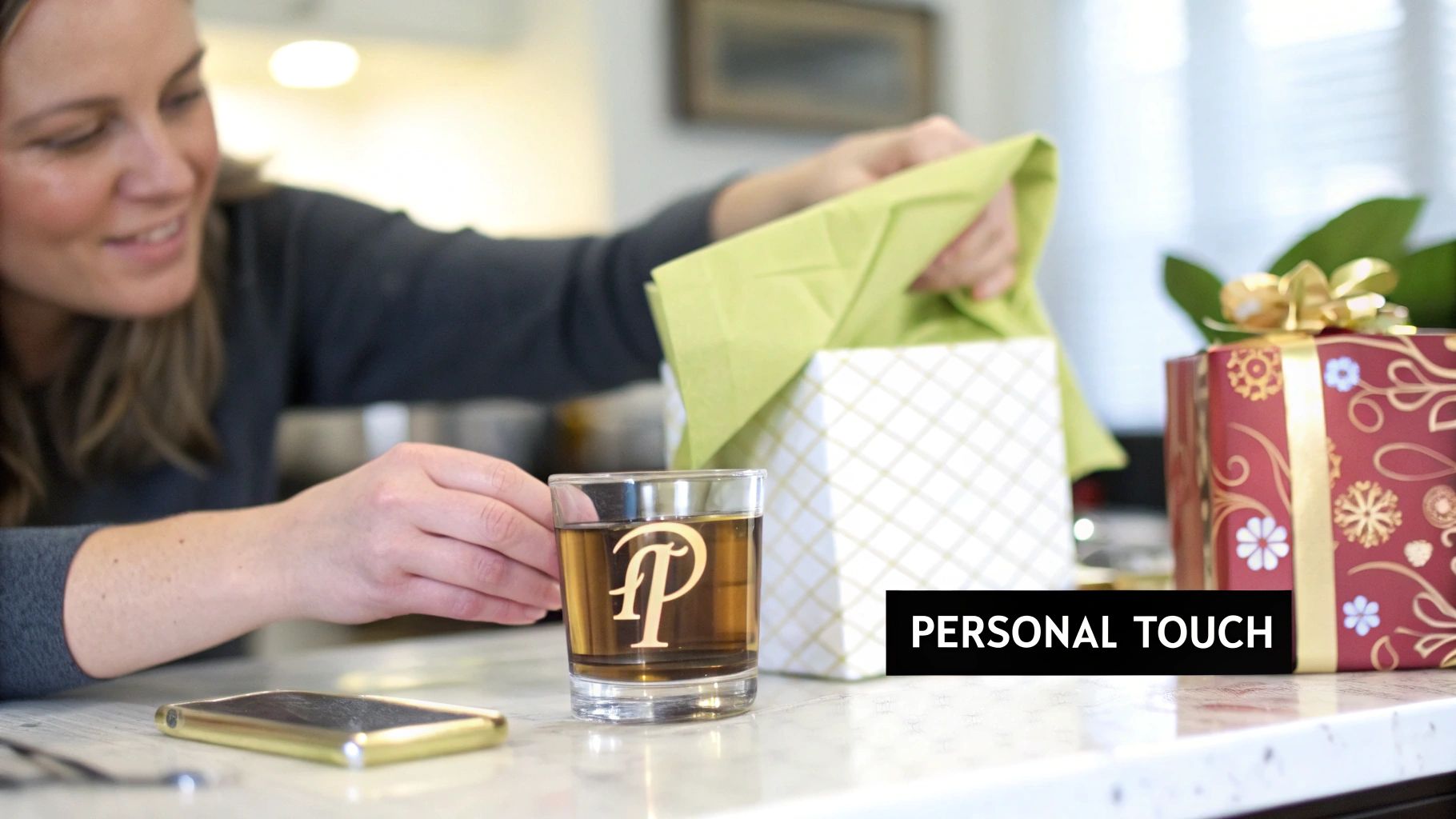 A smiling woman unwrapping a gift, holding a personalized drink glass with a 'P' initial.