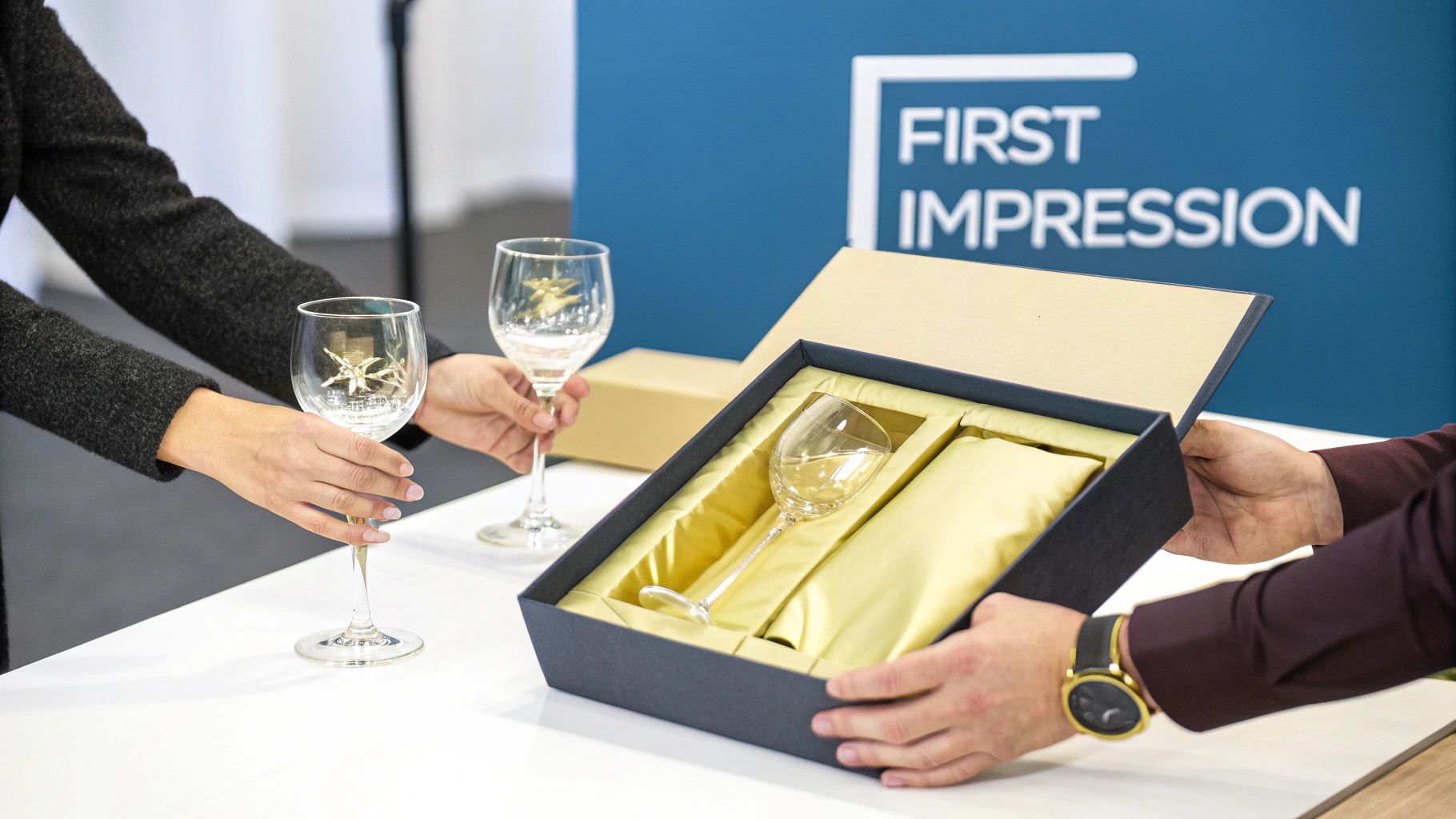 A stylish gift box holding two whiskey glasses and accessories, showcasing a premium presentation.