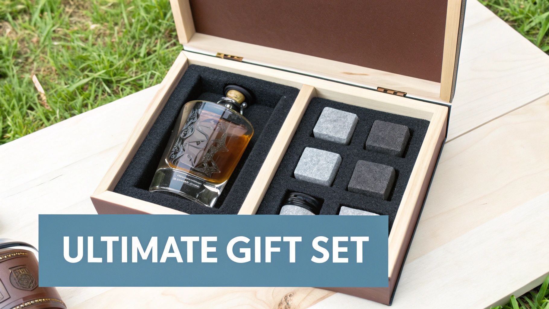 An open wooden gift box containing an etched whiskey decanter, whiskey stones, and a small black jar, on grass and wood.