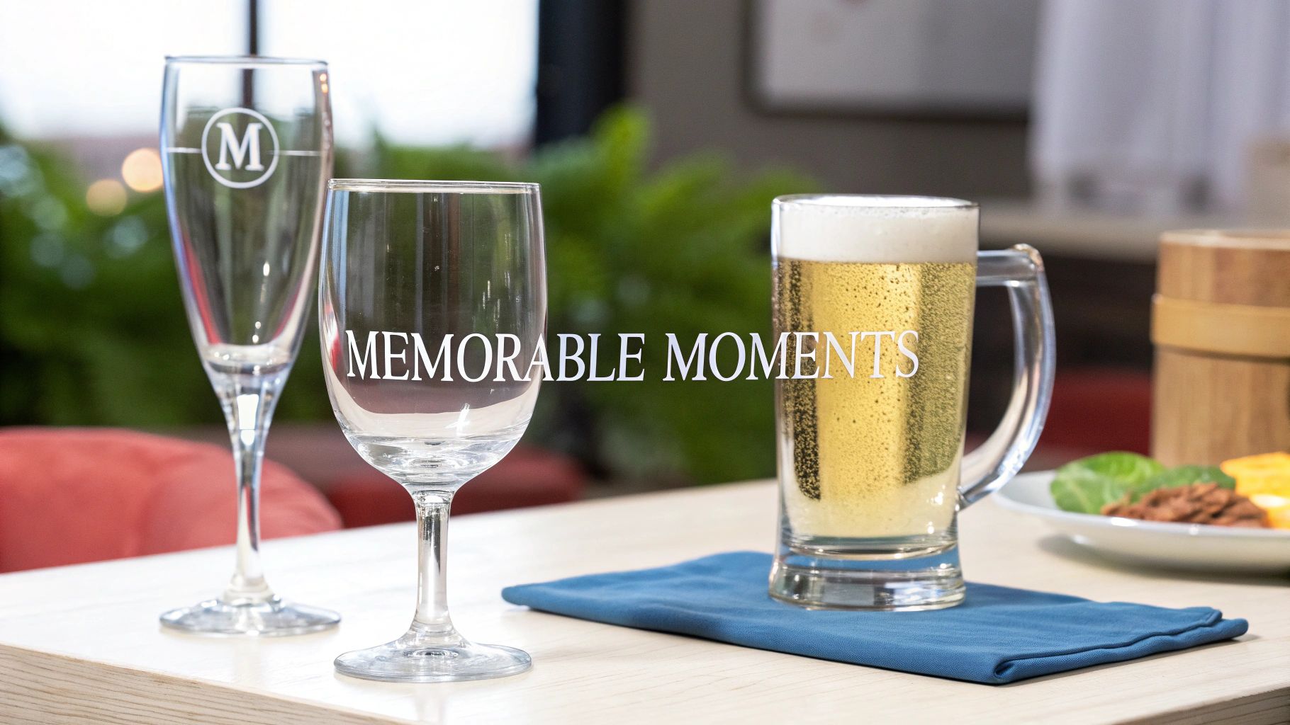 Personalized drink glasses including a champagne flute, wine glass, and beer mug on a table.
