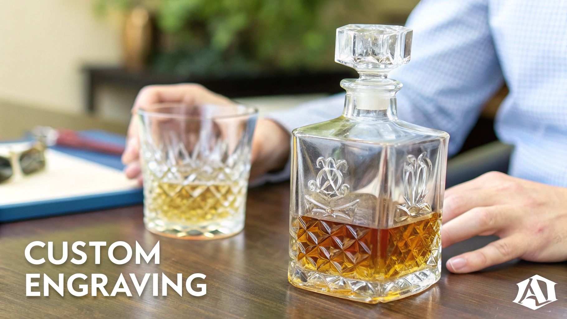 A crystal decanter with custom engraving and a whiskey glass on a wooden table, next to a person's hand.