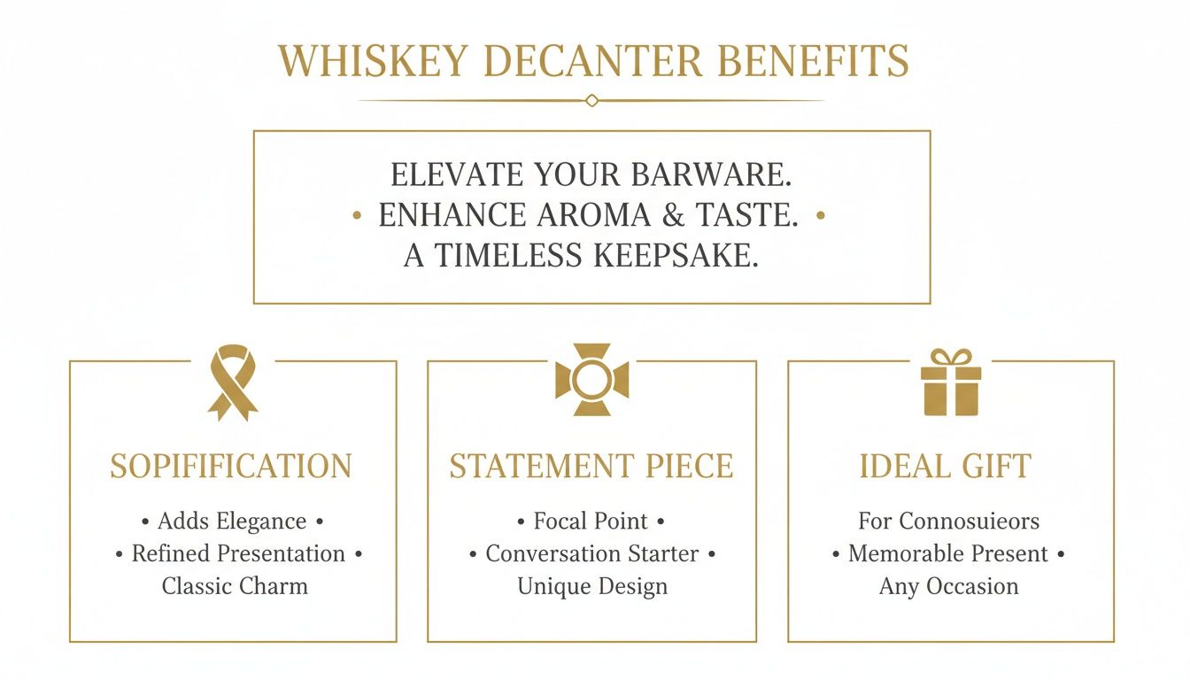 Infographic displaying the benefits of whiskey decanters, including elegance, enhanced taste, and gift ideas.