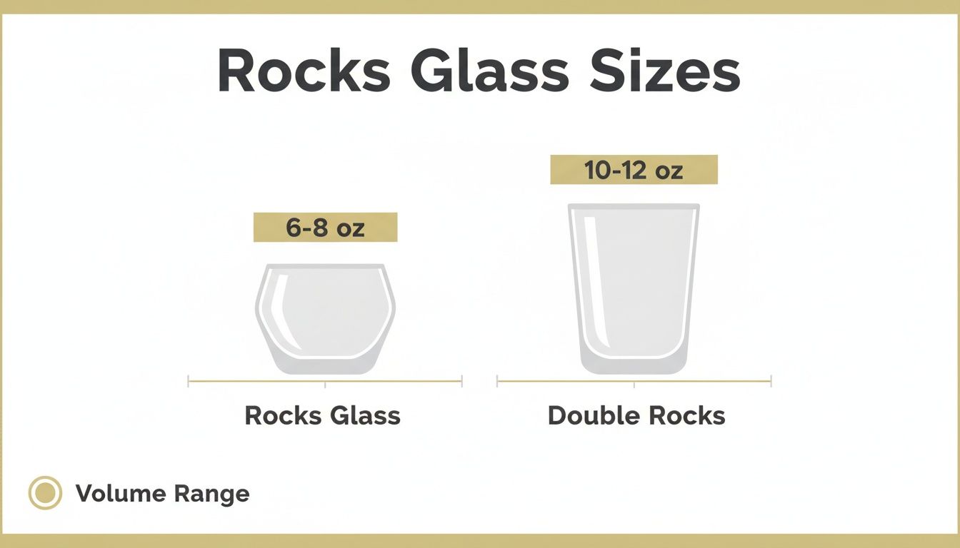 Illustration comparing standard rocks glass (6-8 oz) and double rocks glass (10-12 oz) volume ranges.