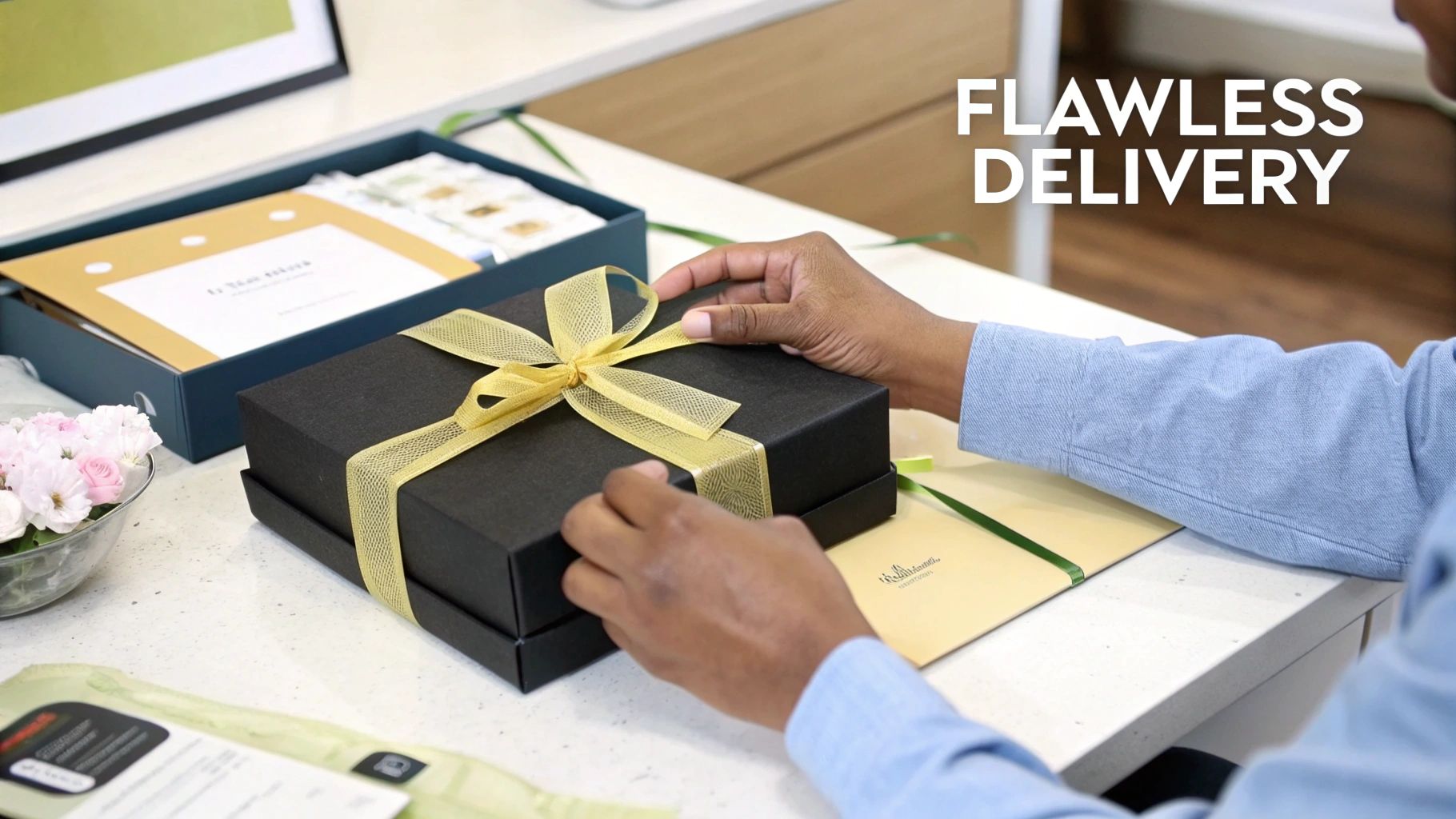 A person carefully placing a gift into abranded box with tissue paper.