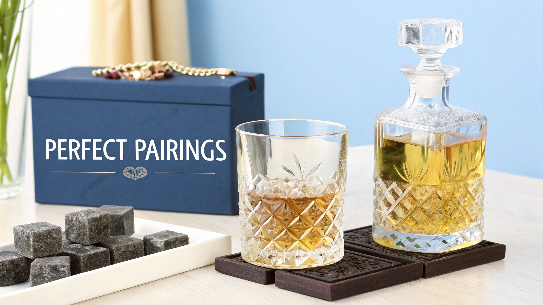 Crystal etched glass tumbler with whiskey beside matching decanter and whiskey stones gift set