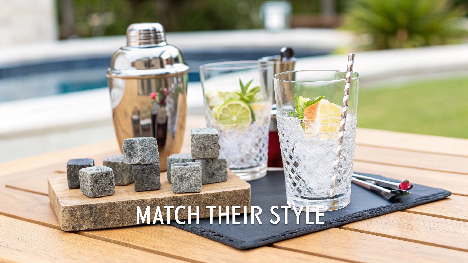A cocktail shaker, whiskey stones, and two refreshing drinks with fruit garnishes on an outdoor table.