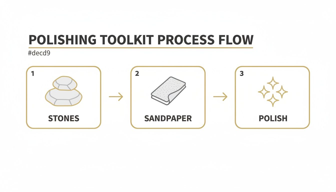 A three-step polishing toolkit process flow diagram showing stones, sandpaper, and a shiny polish.