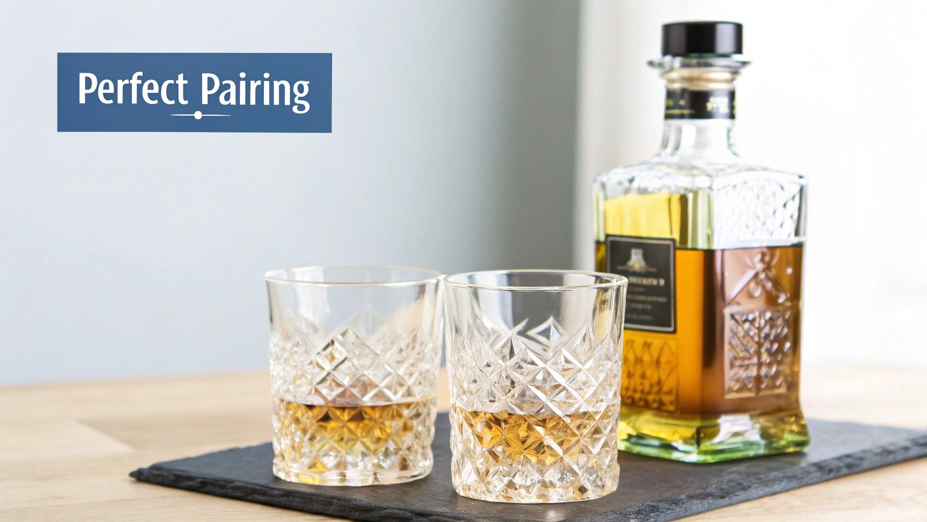 A premium bottle of Scotch next to a crystal decanter, ready to be paired.