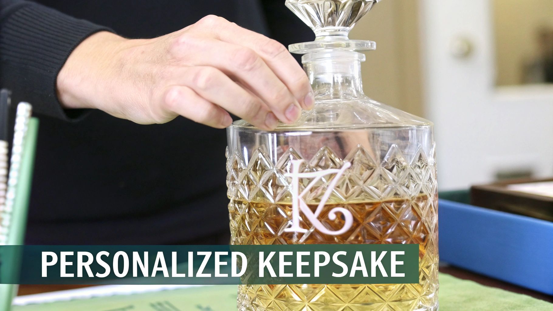 A hand adjusts the crystal stopper on a personalized glass decanter with a 'K' monogram.