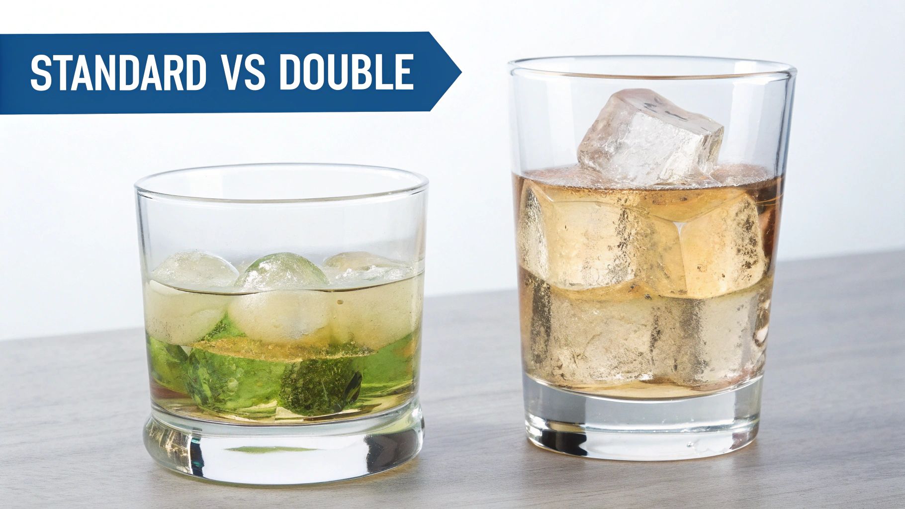 Two glasses comparing standard versus double pours of iced alcoholic drinks on a table.