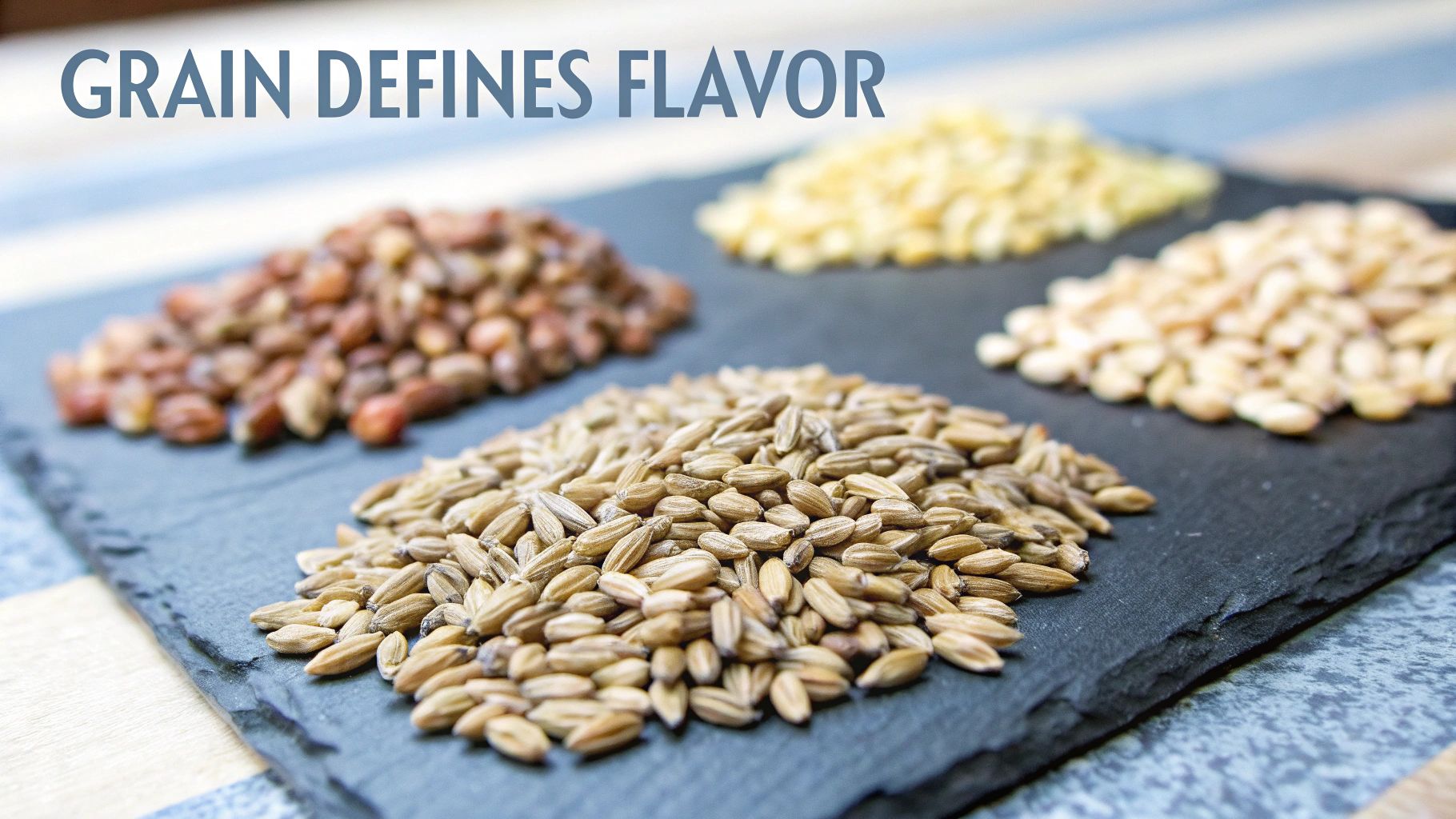 Four distinct piles of various grains on a dark slate board, under the text 'GRAIN DEFINES FLAVOR'.