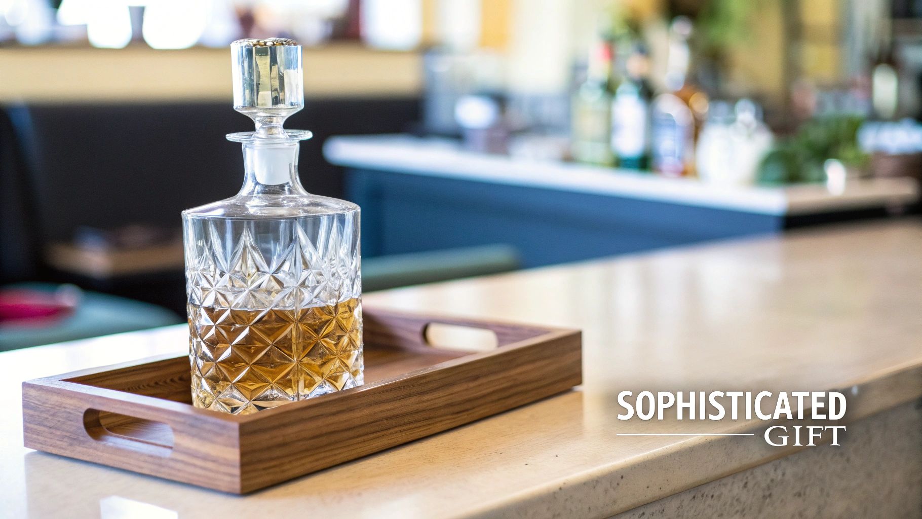 A crystal decanter filled with amber liquor sits on a wooden tray on a polished bar counter, with 'SOPHISTICATED GIFT' text.