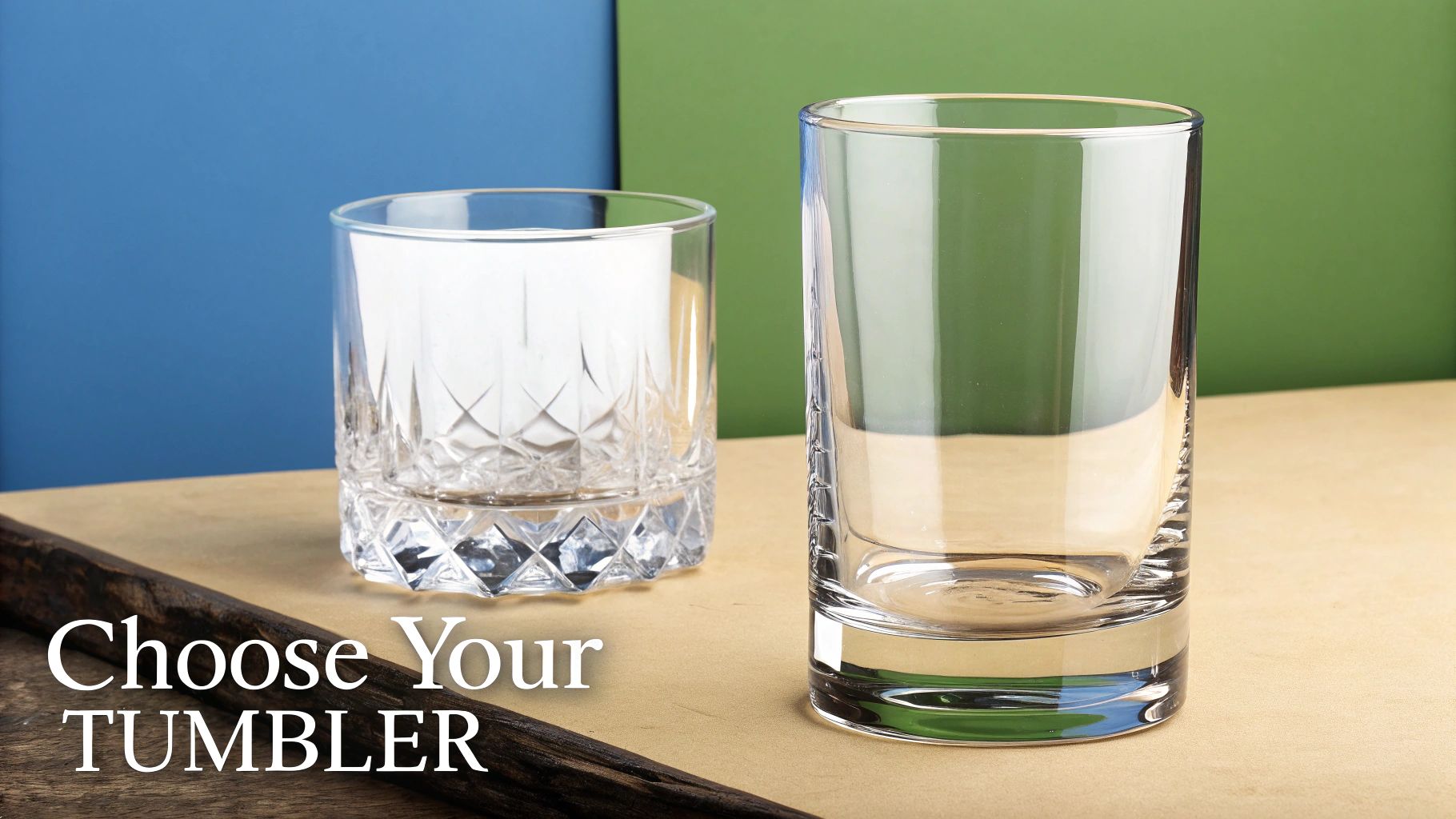 Two empty glass tumblers on wooden tray, one with cut crystal pattern, one smooth