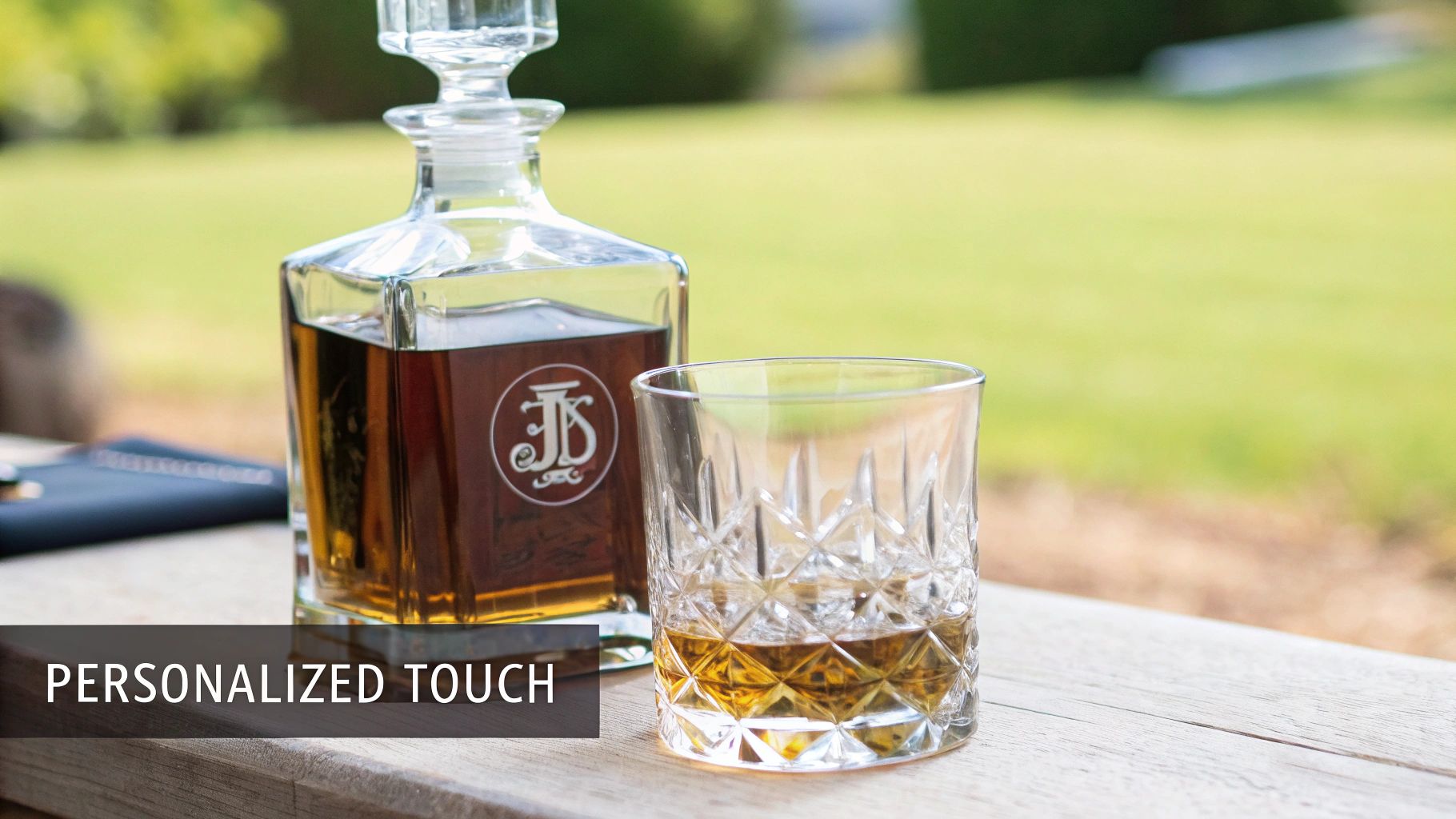 A personalized glass whiskey decanter with a monogram and a matching cut-glass tumbler on a wooden table outdoors.