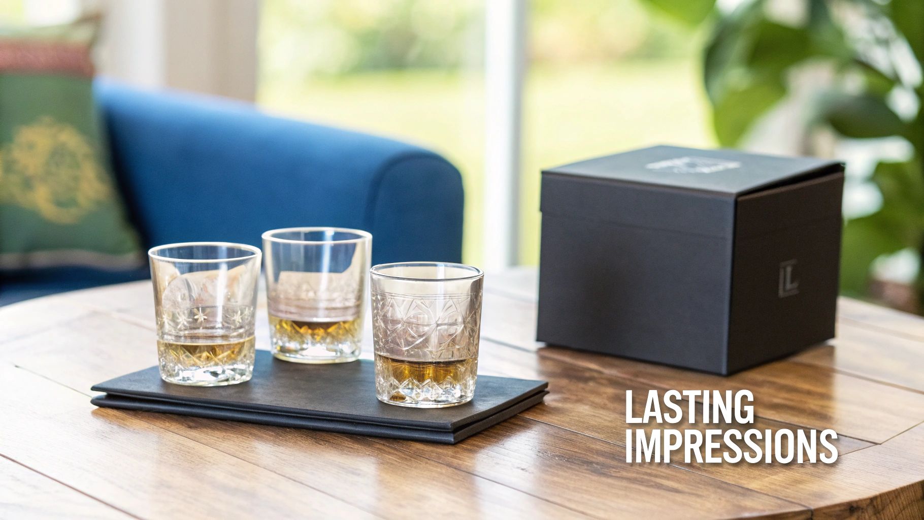 Customized barware glasses featuring intricate designs, arranged elegantly on a wooden surface.