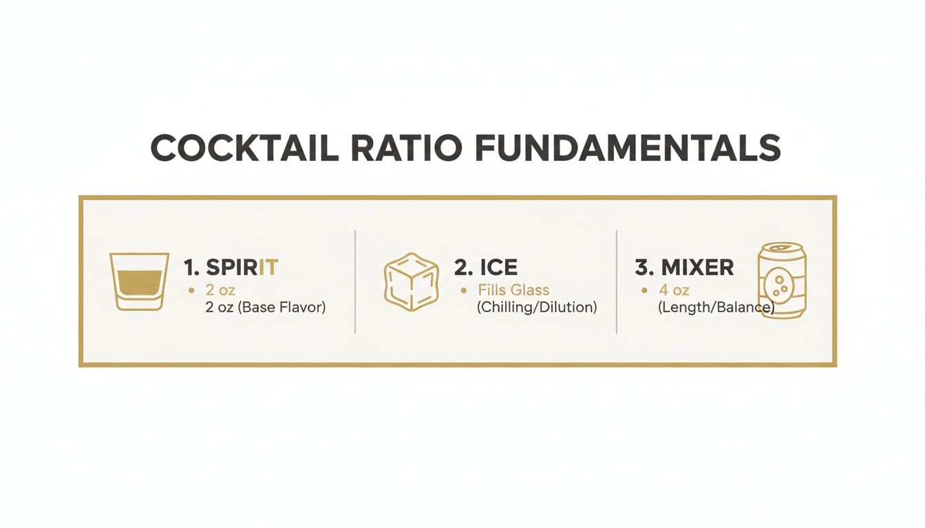 An infographic detailing cocktail ratio fundamentals: 2 oz spirit, ice to fill glass, and 4 oz mixer.
