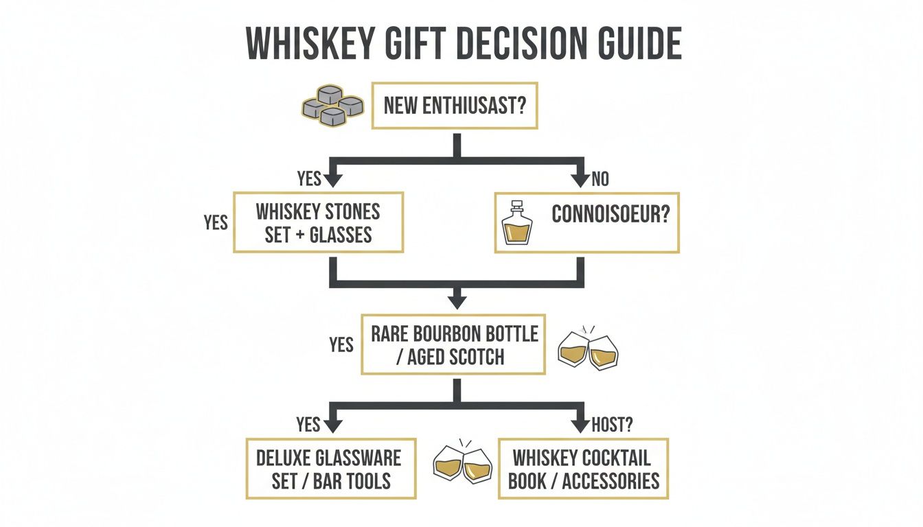 Whiskey gift decision guide flowchart for selecting gifts like stones, bottles, or bar tools.