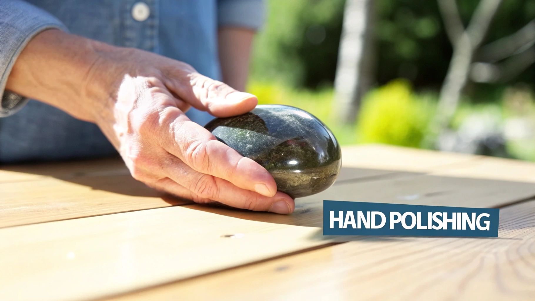 A person's hand gently holds and polishes a smooth, dark stone on a wooden table outdoors.