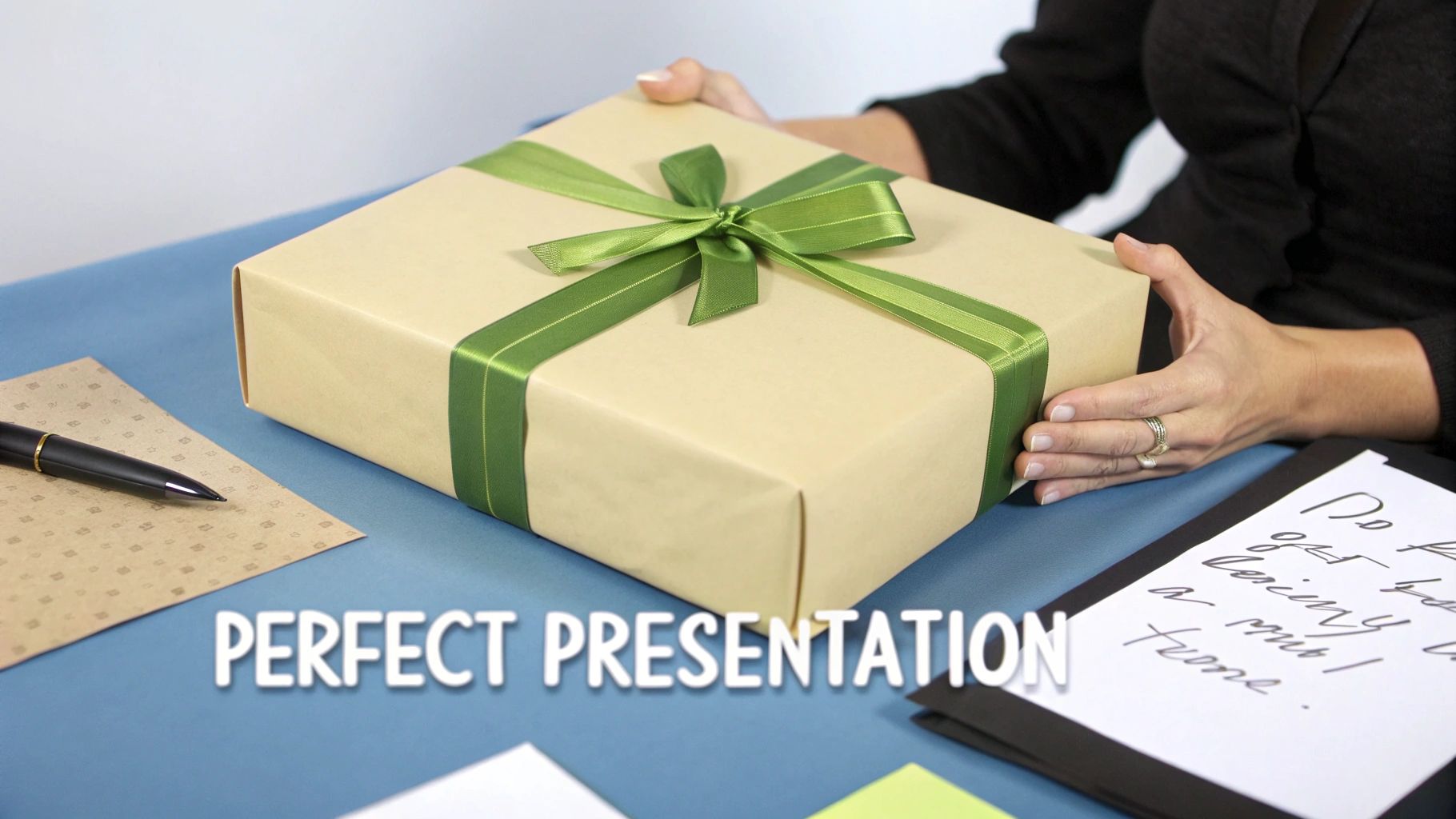 Hands presenting elegantly wrapped gift box with green ribbon bow on blue desk