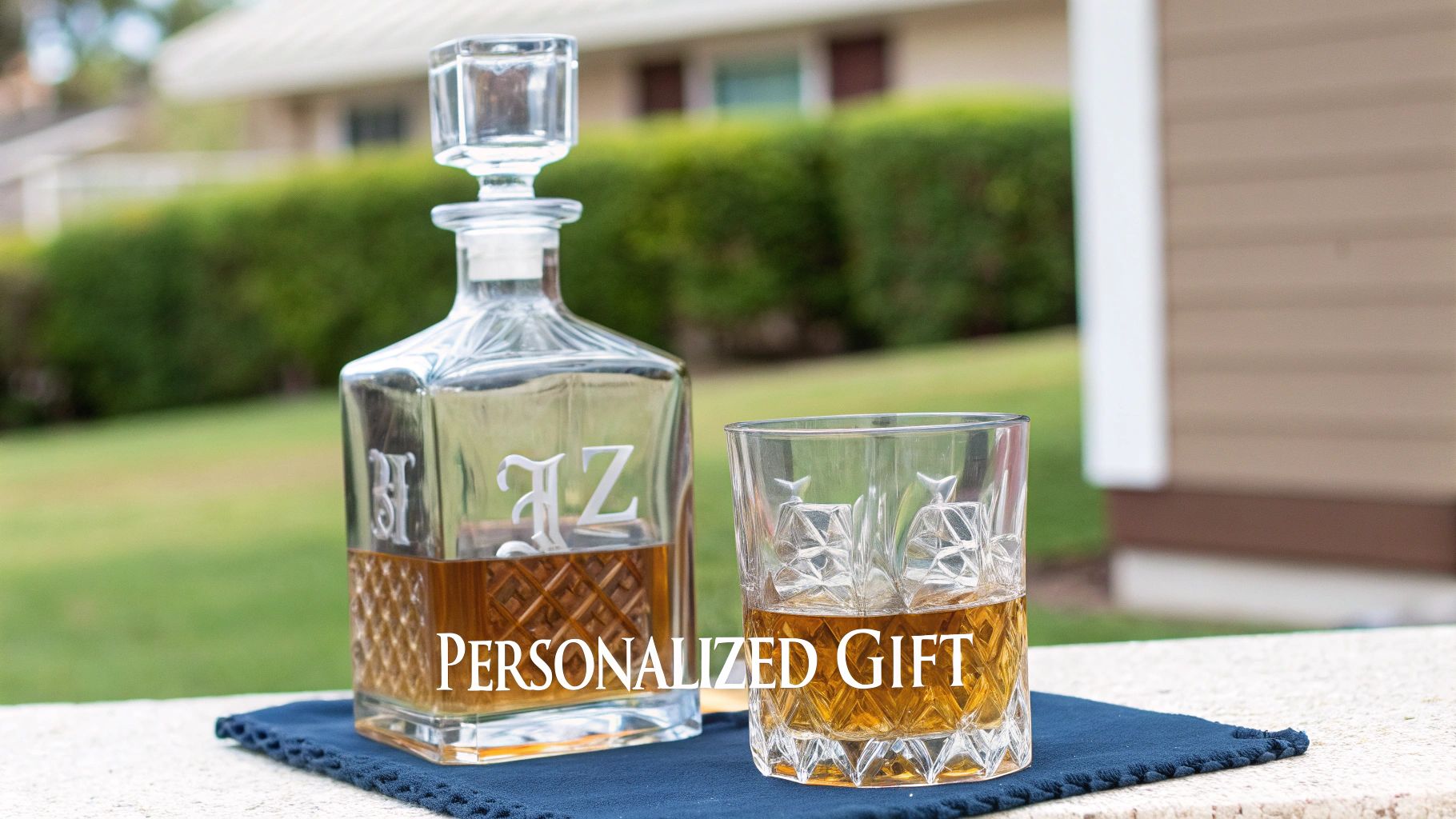 A personalized whiskey decanter with initials HZ and a glass of whiskey on a blue mat, outdoors.
