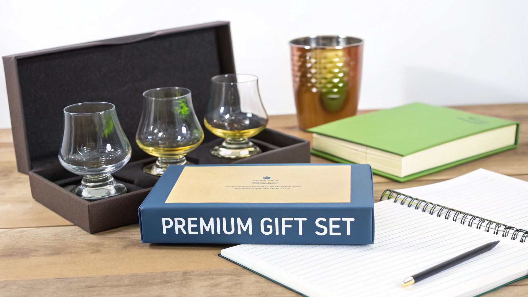 A premium scotch glass set elegantly packaged, hinting at a luxurious gifting experience.