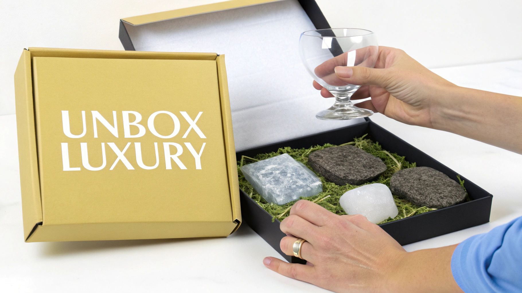 A person unboxes a golden 'UNBOX LUXURY' gift box containing chilling stones and a glass.