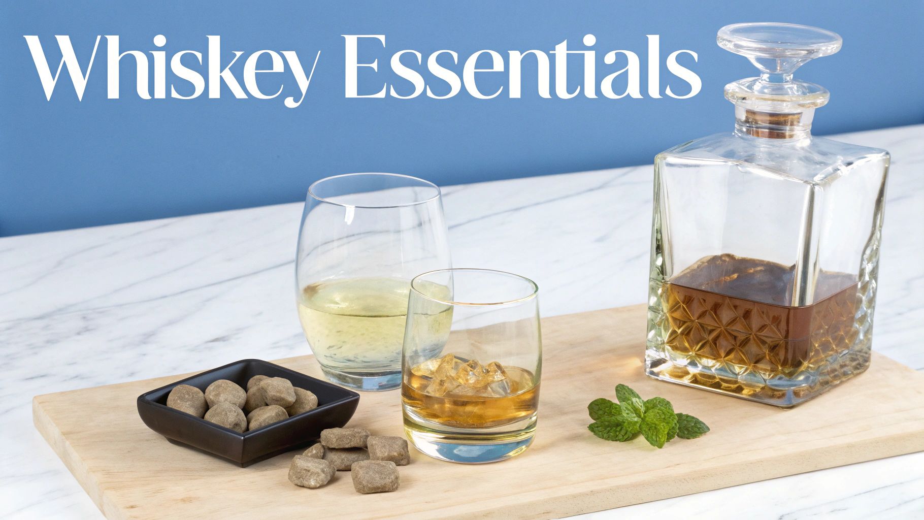 Whiskey essentials: a decanter, two glasses, chilling stones, and mint on a wooden board.