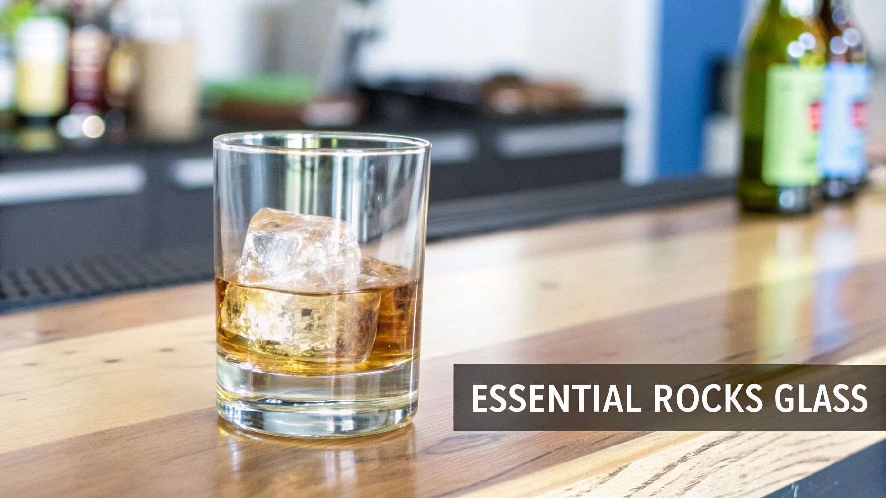 A rocks glass filled with amber liquid and ice cubes sits on a wooden bar top.