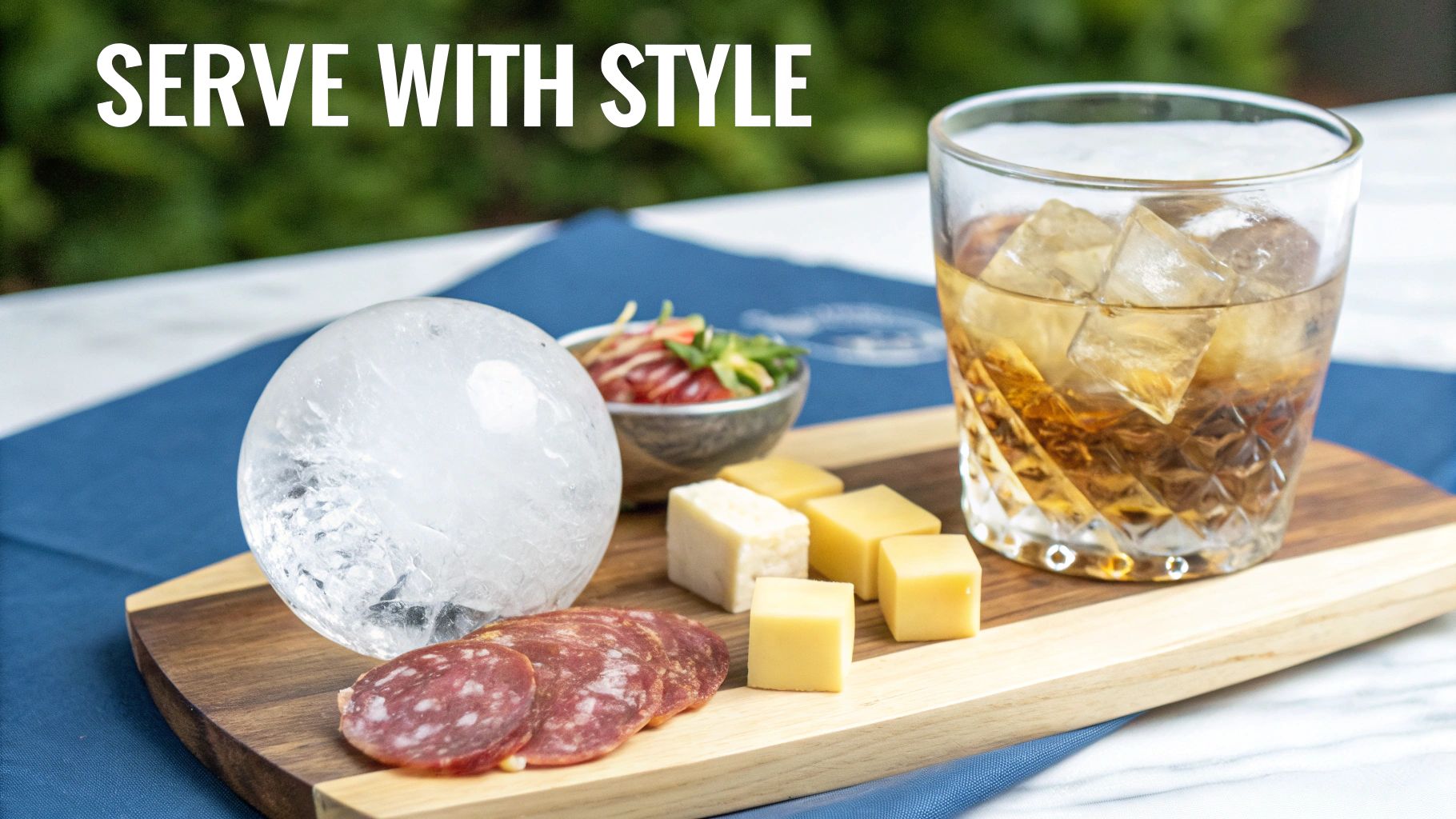 A stylish serving board with a glass of whiskey, various cheeses, salami, and a large ice sphere.