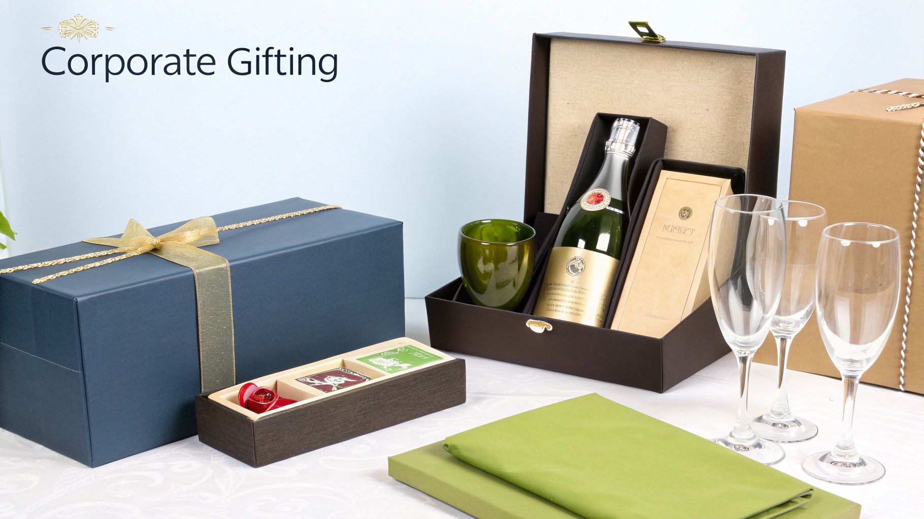 A luxurious display of corporate gifts, including a blue box, champagne set, and glasses.