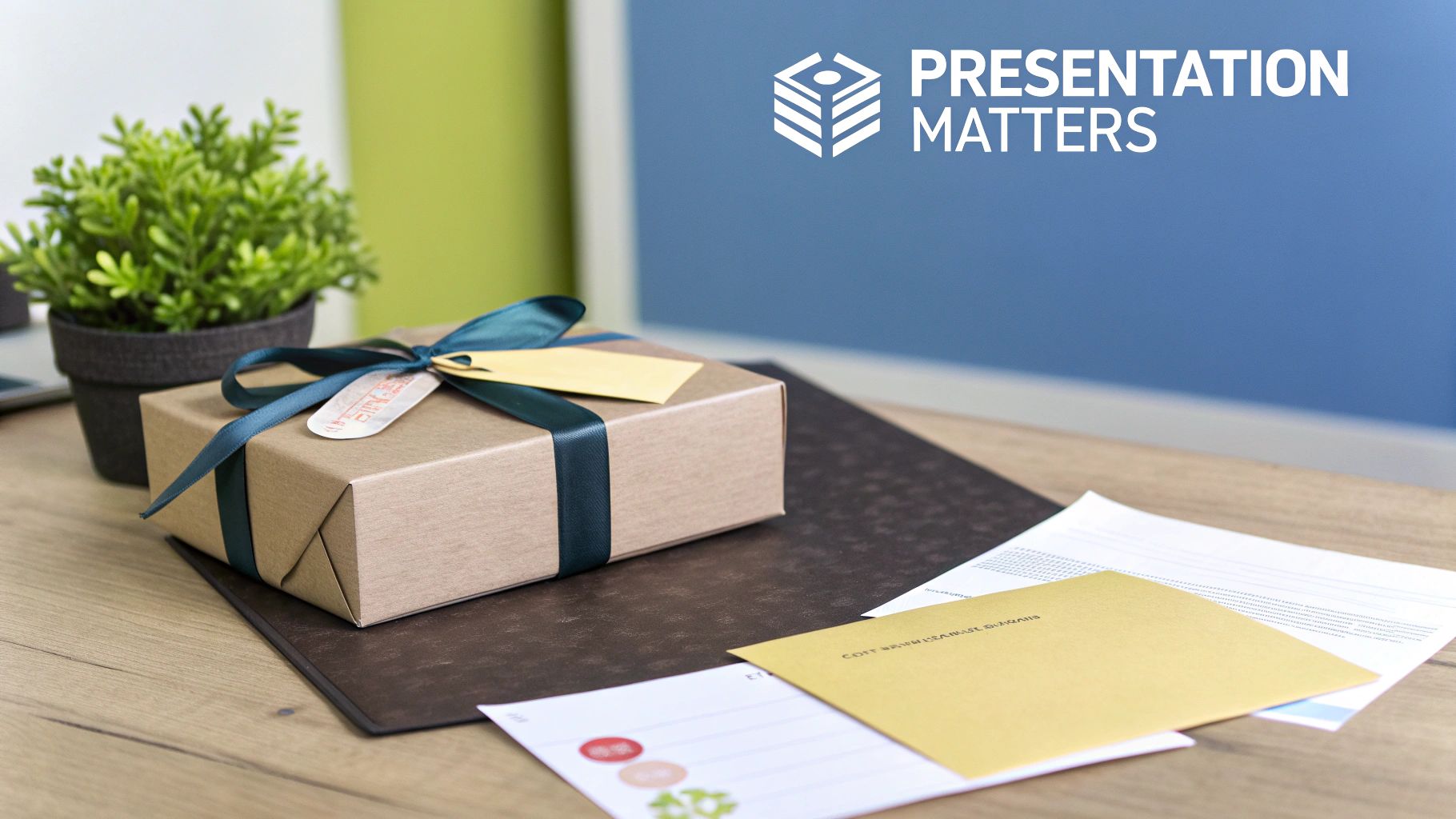 Woman wrapping a gift box with a blue ribbon