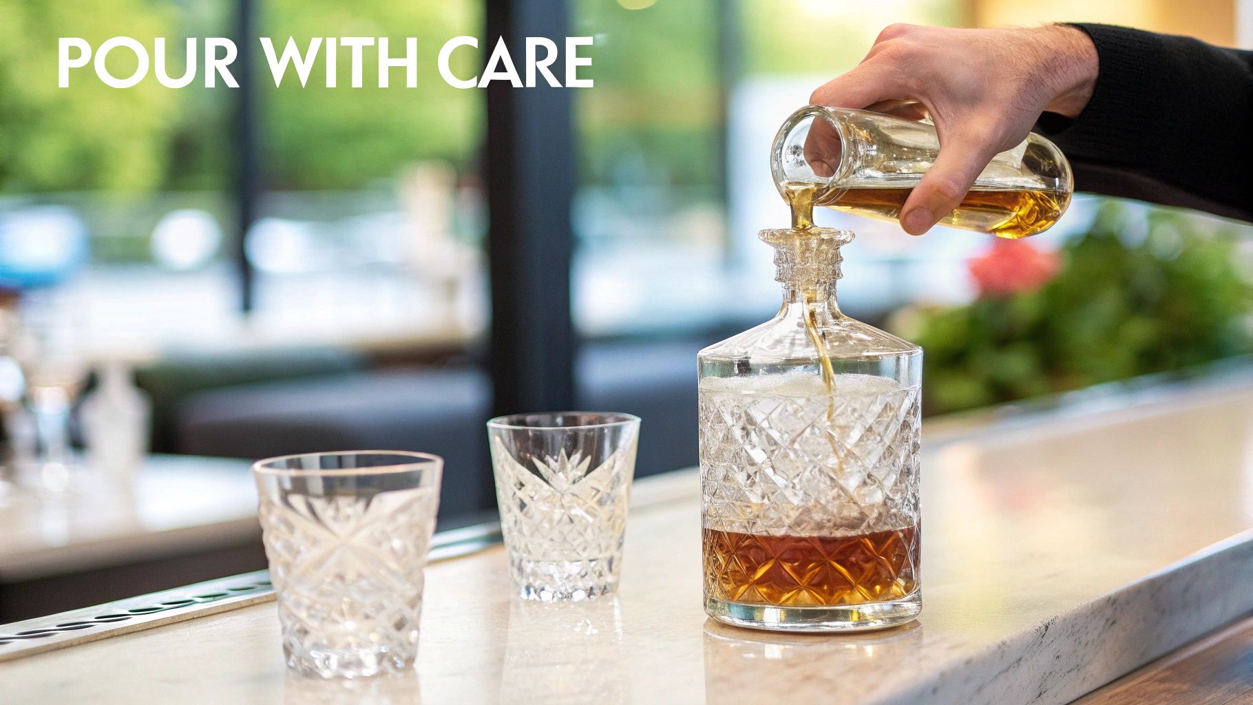 Man pouring whiskey into a decanter