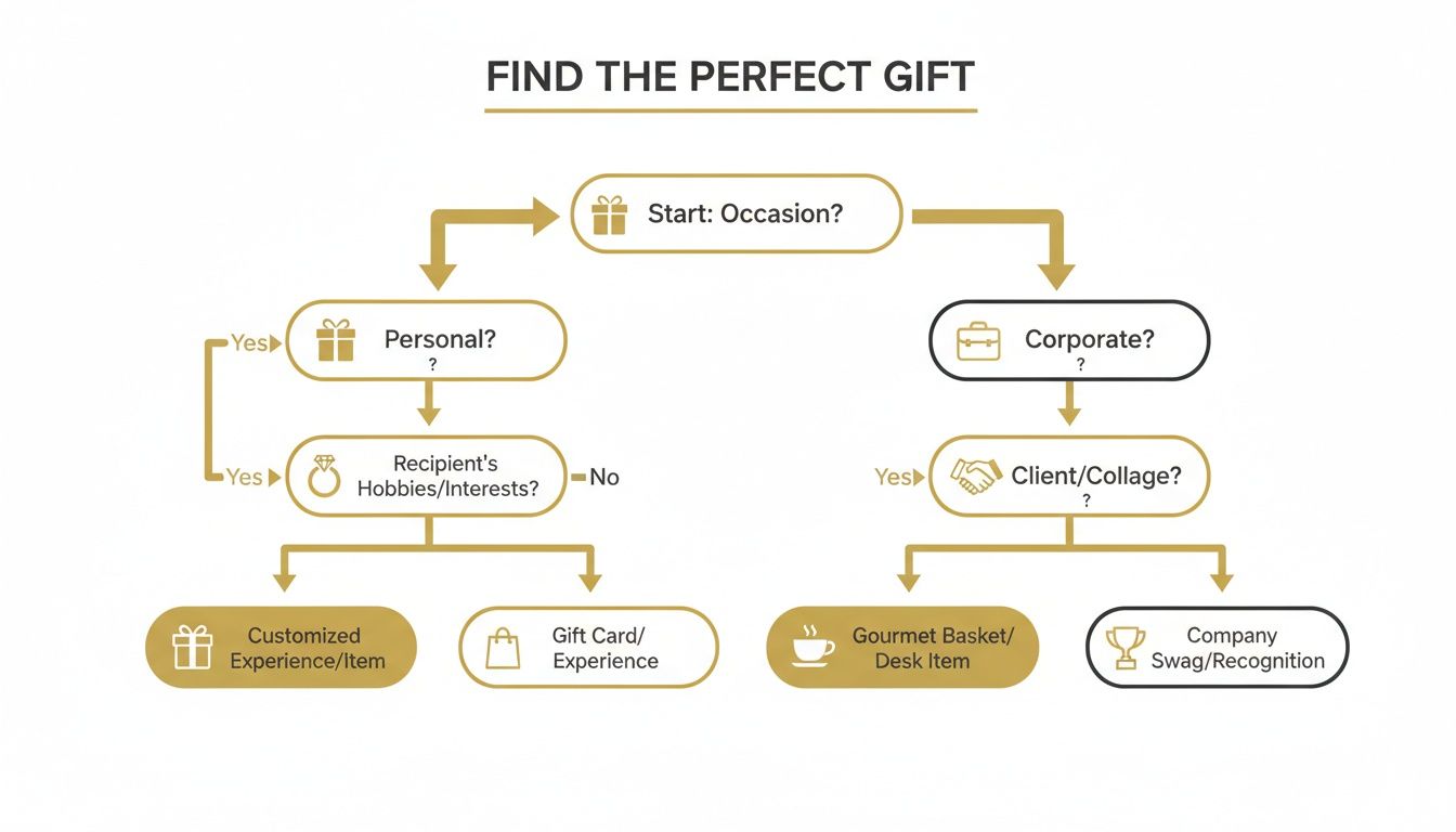 Flowchart illustrating a gift-finding decision process, categorizing options for personal and corporate recipients.