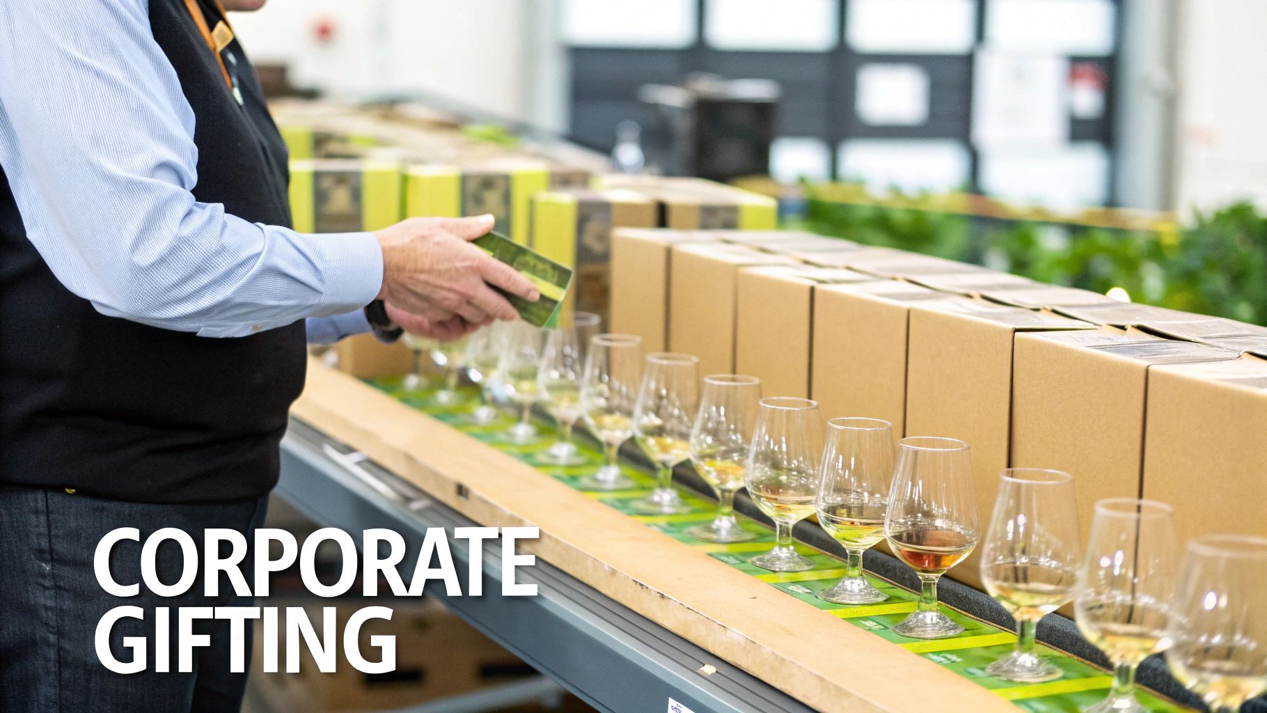 A person handles items above a line of Glencairn glasses filled with spirits, surrounded by corporate gifting boxes.